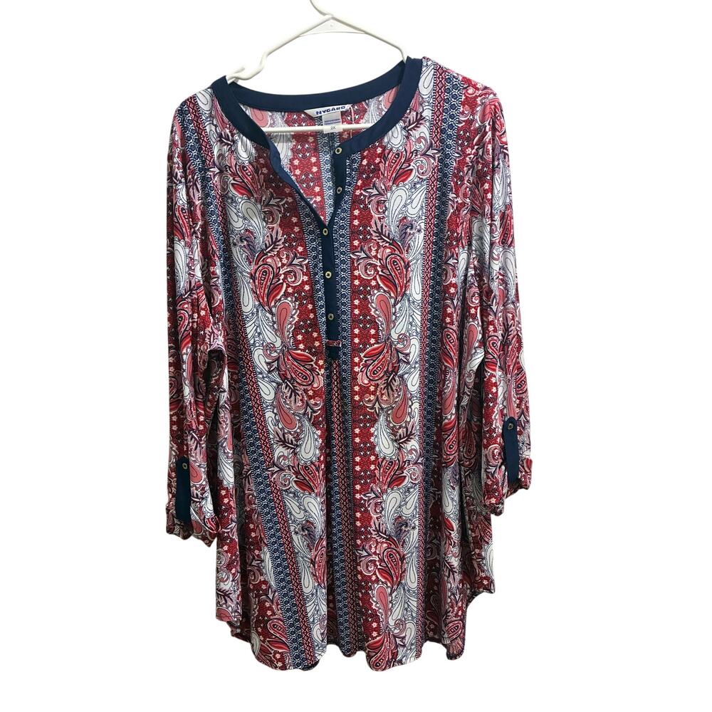 Nygård Paisley Print Split Neck Tunic Blouse - Red Navy White - Size 2X